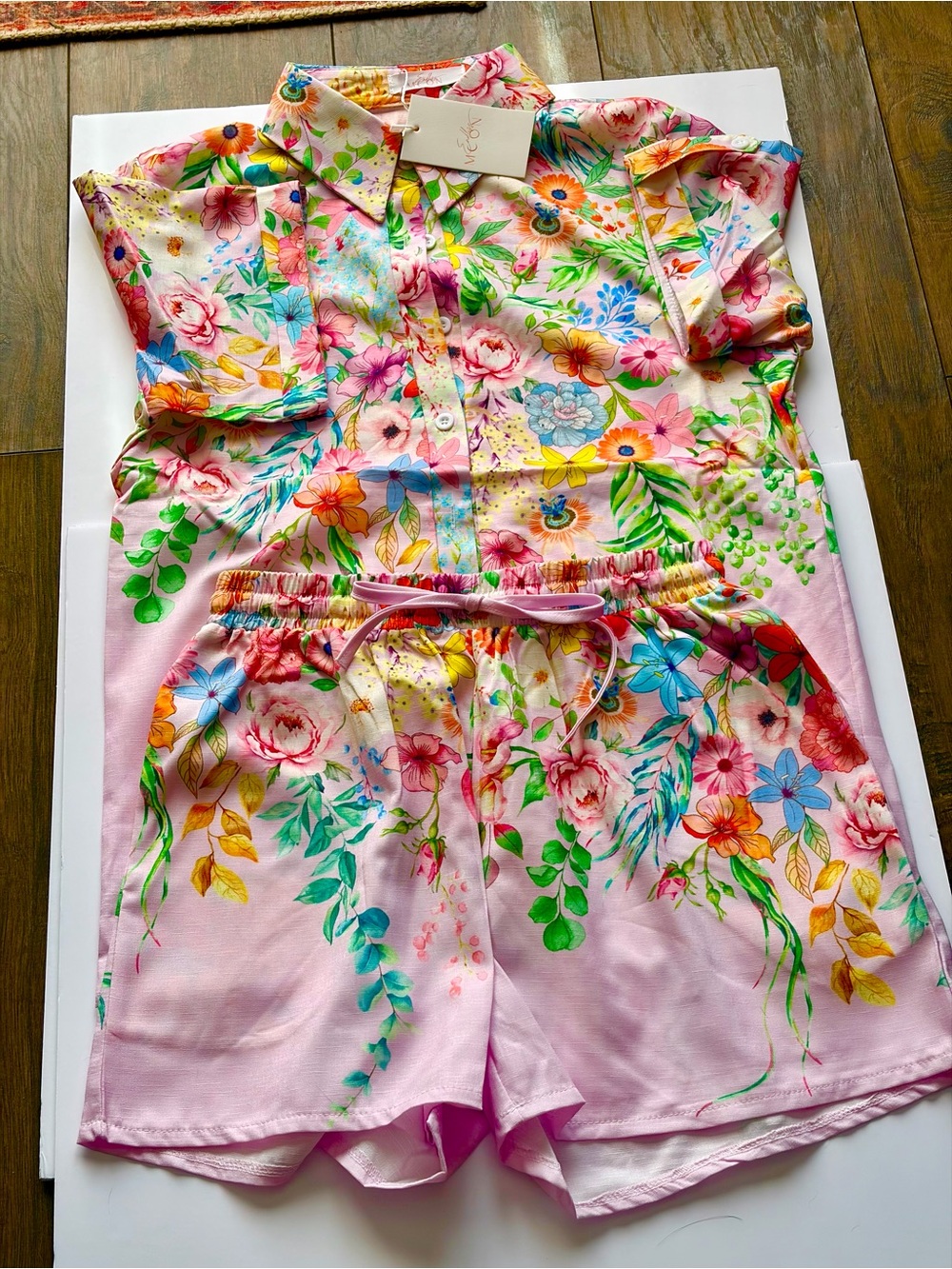 Pink Floral Silk-Blend set with Multicolor Garden Print